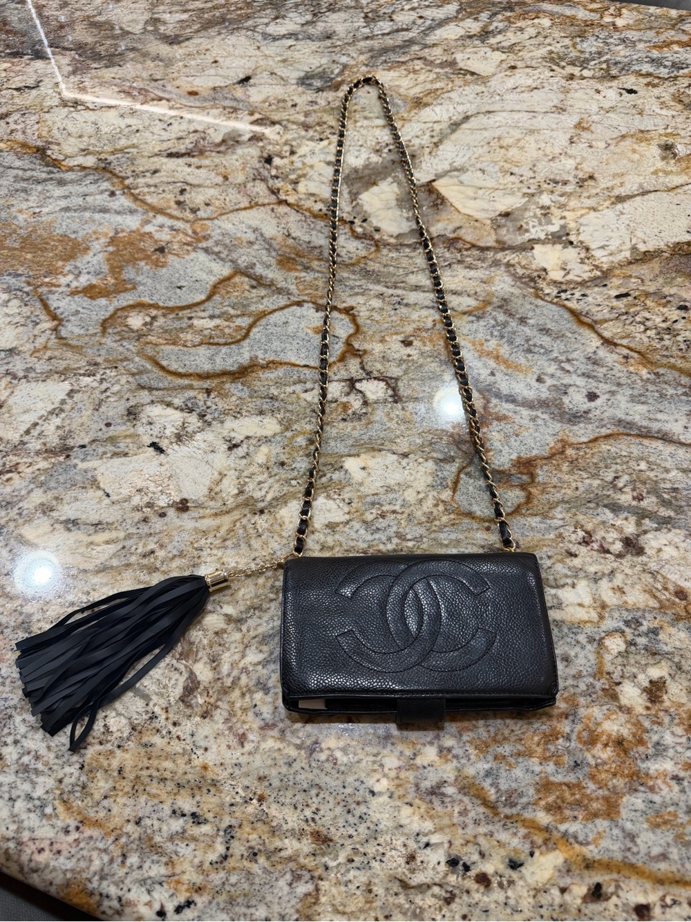 CHANEL Black Leather Crossbody Wallet with Tassel